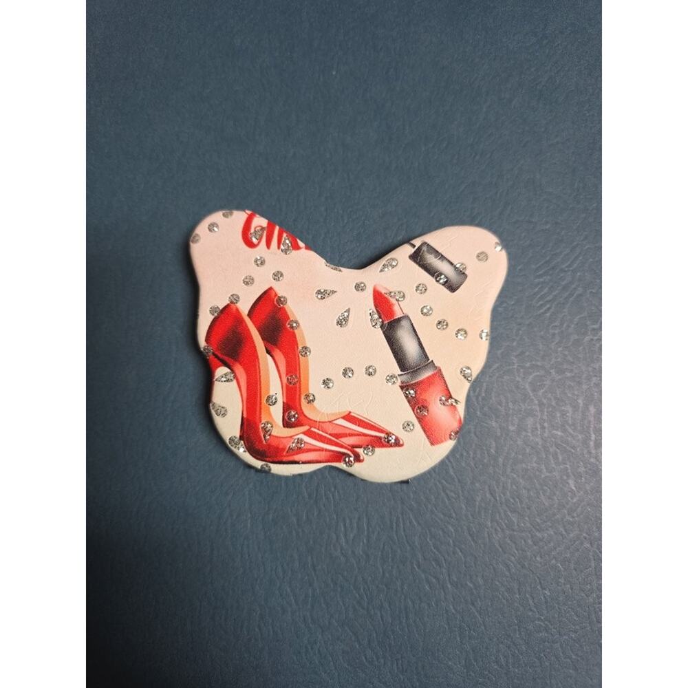 Butterfly-Shaped Compact Mirror with Red Shoe and Lipstick Design